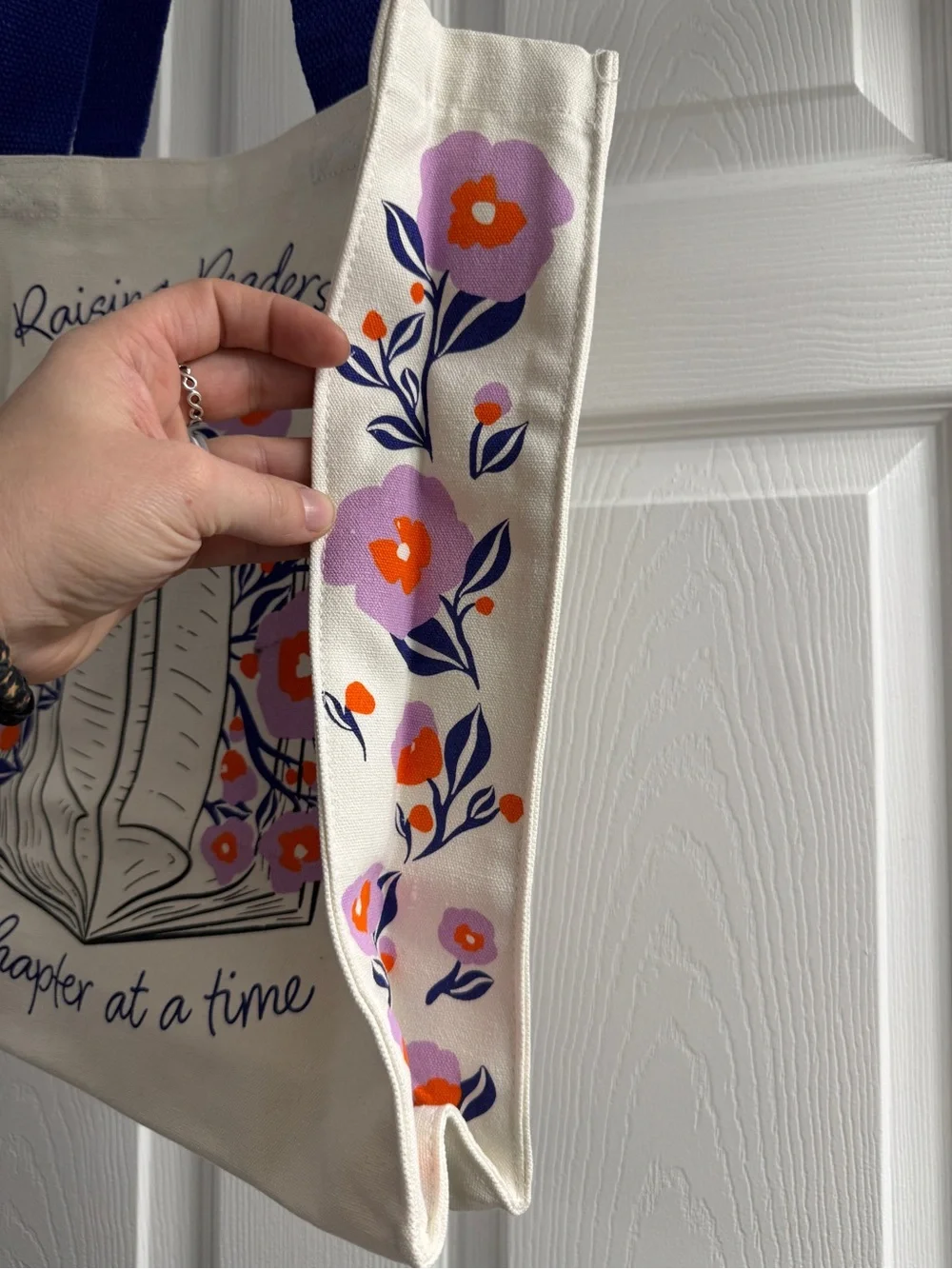 Barnes & Noble Cream Canvas Tote with Purple Handles and Floral Book Design